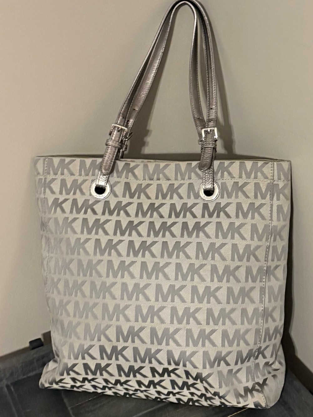 Michael Kors Silver Metallic MK Logo Tote